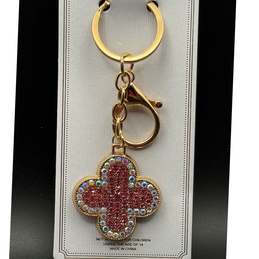 Gold Clover Charm Keychain Rhinestone Pink Crystal Bag‎ Purse Accessory